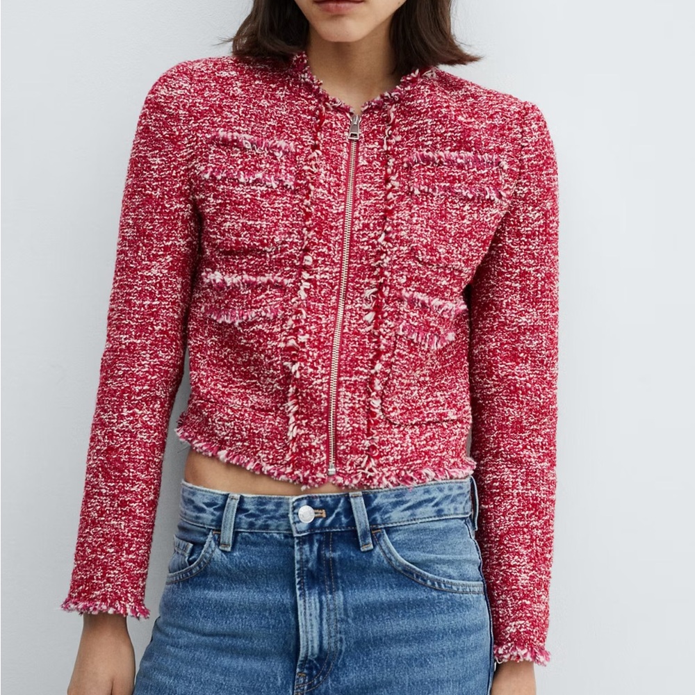 Mango Red Tweed Zip-Front Cropped Jacket